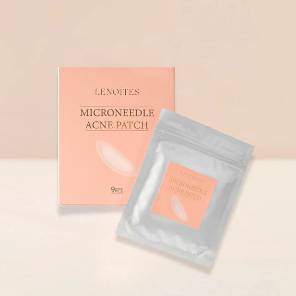 Microneedle Acne Patches by Lenoites, featuring a peach-colored box and a silver pouch containing the patches, displayed against a soft beige background.
