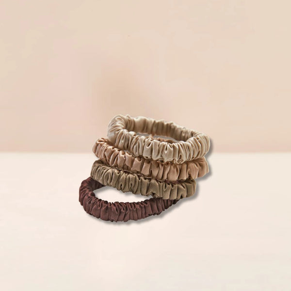 Mulberry Silk Skinny Scrunchies in beige, brown, coffe
