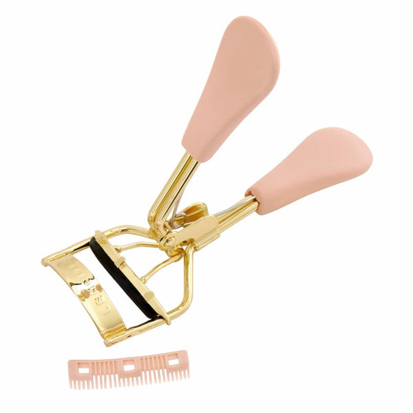 Eyelash Curler Lash Lift by Lenoites, featuring a pink eyelash curler with gold details and a black rubber pad, accompanied by a small pink comb, displayed against a white background.