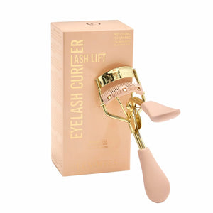 Eyelash Curler Lash Lift by Lenoites, featuring a pink eyelash curler with gold details, displayed with its matching packaging against a white background.