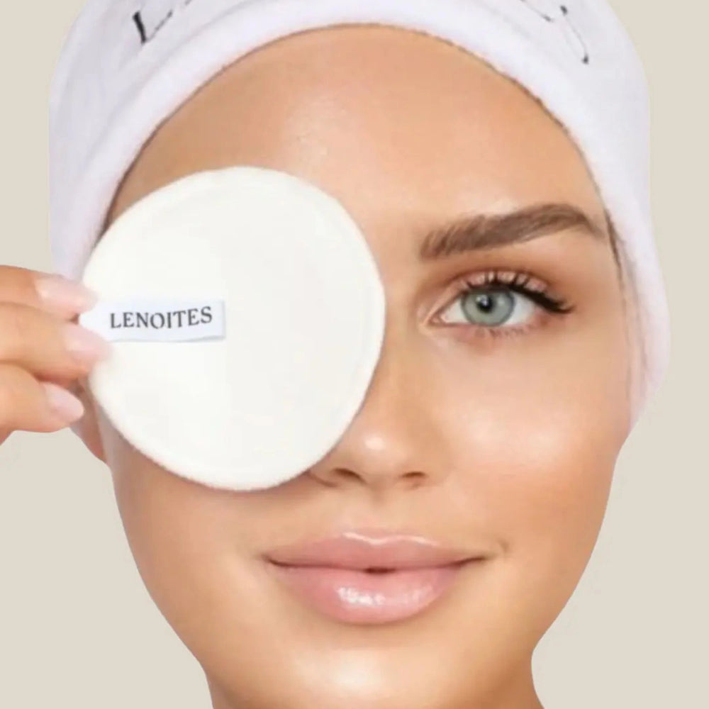 Pure Premium Organic Reusable Rounds by Lenoites, featuring a peach-colored container with the brand logo, displayed against a soft beige background.