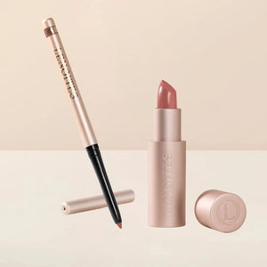 Sculpt and Hydrate Lip Duo by Lenoites featuring a Tinted Lip Balm in color bloom, a Shape & Sculpt Lip Liner in color mocha, elegantly arranged on a light beige background.