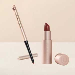 Sculpt and Hydrate Lip Duo by Lenoites featuring a Tinted Lip Balm in color midnight, a Shape & Sculpt Lip Liner in color mocha, elegantly arranged on a light beige background.