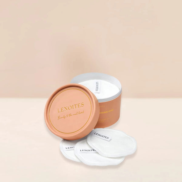 Pure Premium Organic Reusable Rounds by Lenoites, featuring a peach-colored container with the brand logo, displayed against a soft beige background.