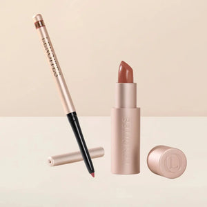 Sculpt and Hydrate Lip Duo by Lenoites featuring a Tinted Lip Balm in color amberlight, a Shape & Sculpt Lip Liner in color rosewood, elegantly arranged on a light beige background.