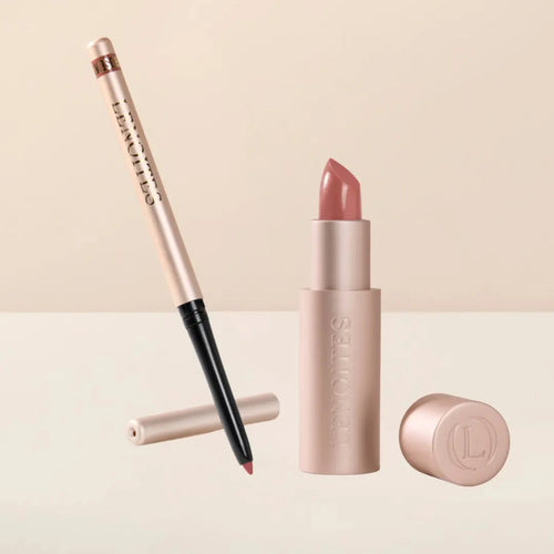 Sculpt and Hydrate Lip Duo by Lenoites featuring a Tinted Lip Balm in color bloom, a Shape & Sculpt Lip Liner in color rosewood, elegantly arranged on a light beige background.