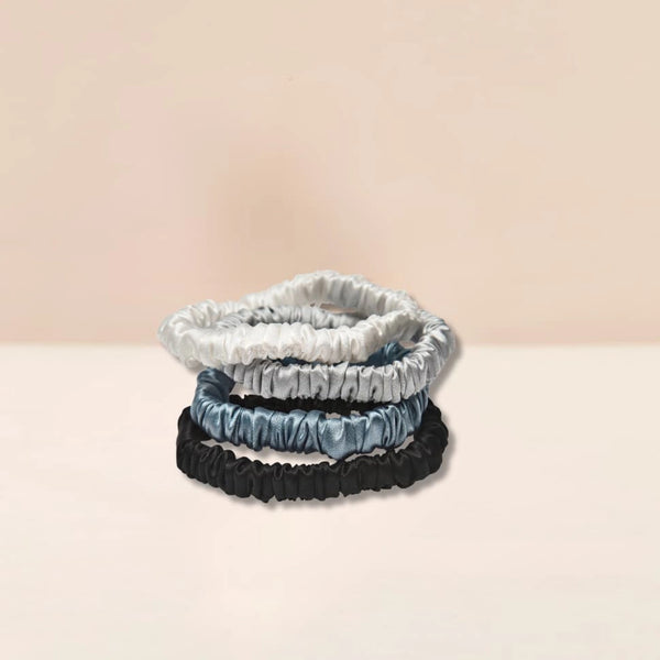 Mulberry Silk Skinny Scrunchies in white, grey, blue, black