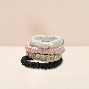 Mulberry Silk Skinny Scrunchies in white, pink, beige, black